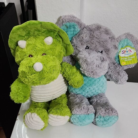 Baby Nursery Soft Sensory Sounds Elephant & Dinosaur Plush Toy Set of 2 NEW - Picture 1 of 14